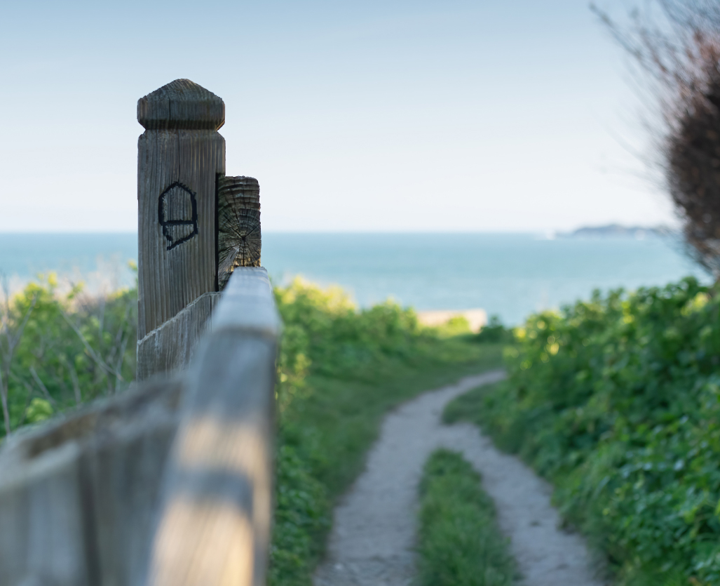 Coastal footpath leading along cliffs with a signpost on the north Cornwall coast