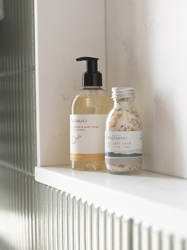 Contemporary bathroom accessories and toiletries in The Sandpiper luxury lodge.