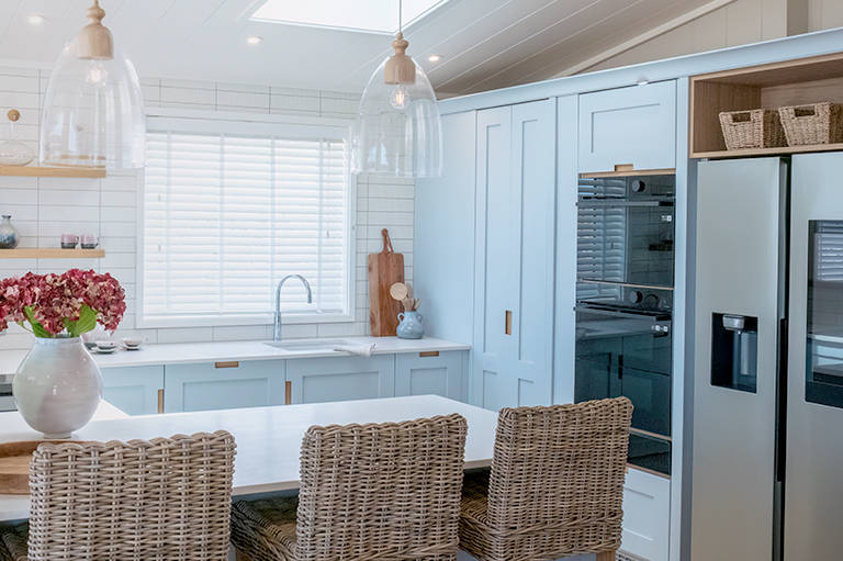 Open-plan kitchen in The Shearwater lodge designed for modern coastal living.